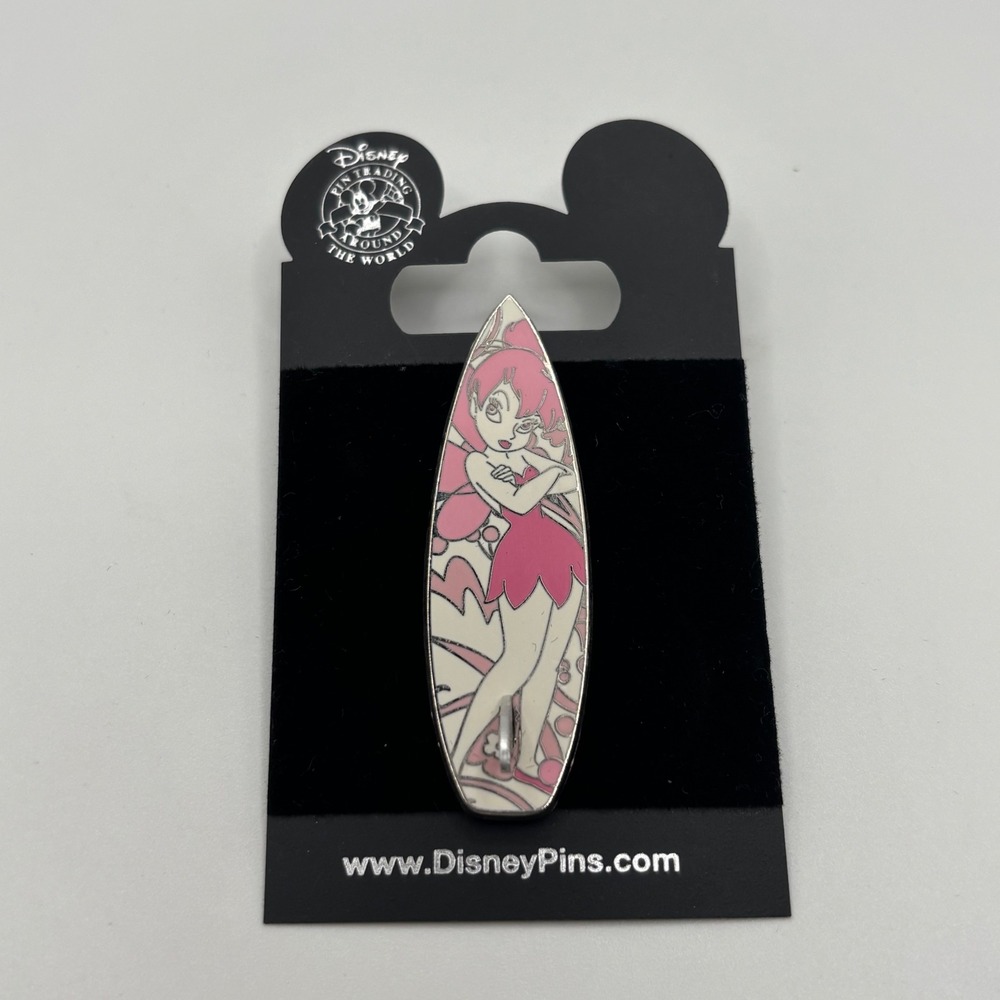 Disney Tinker Bell Surfboard Pin Unisex OS Pink Silver Enamel Disney Pin Trading